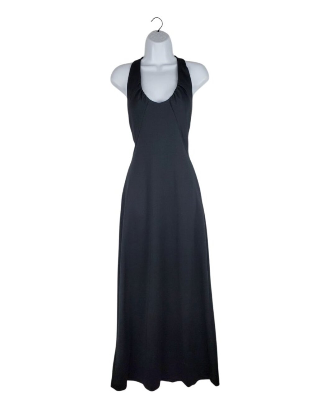 Fredericks of Hollywood Vtg 70s Black Halter Maxi Dress Low Back Column Women XS